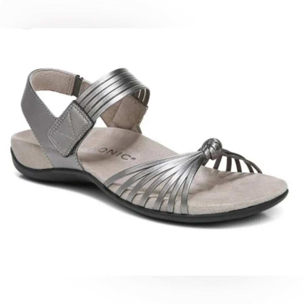 Vionic 9 Sandals Pewter Metallic Strappy Leather Orthotic TALULAH Summer Glam